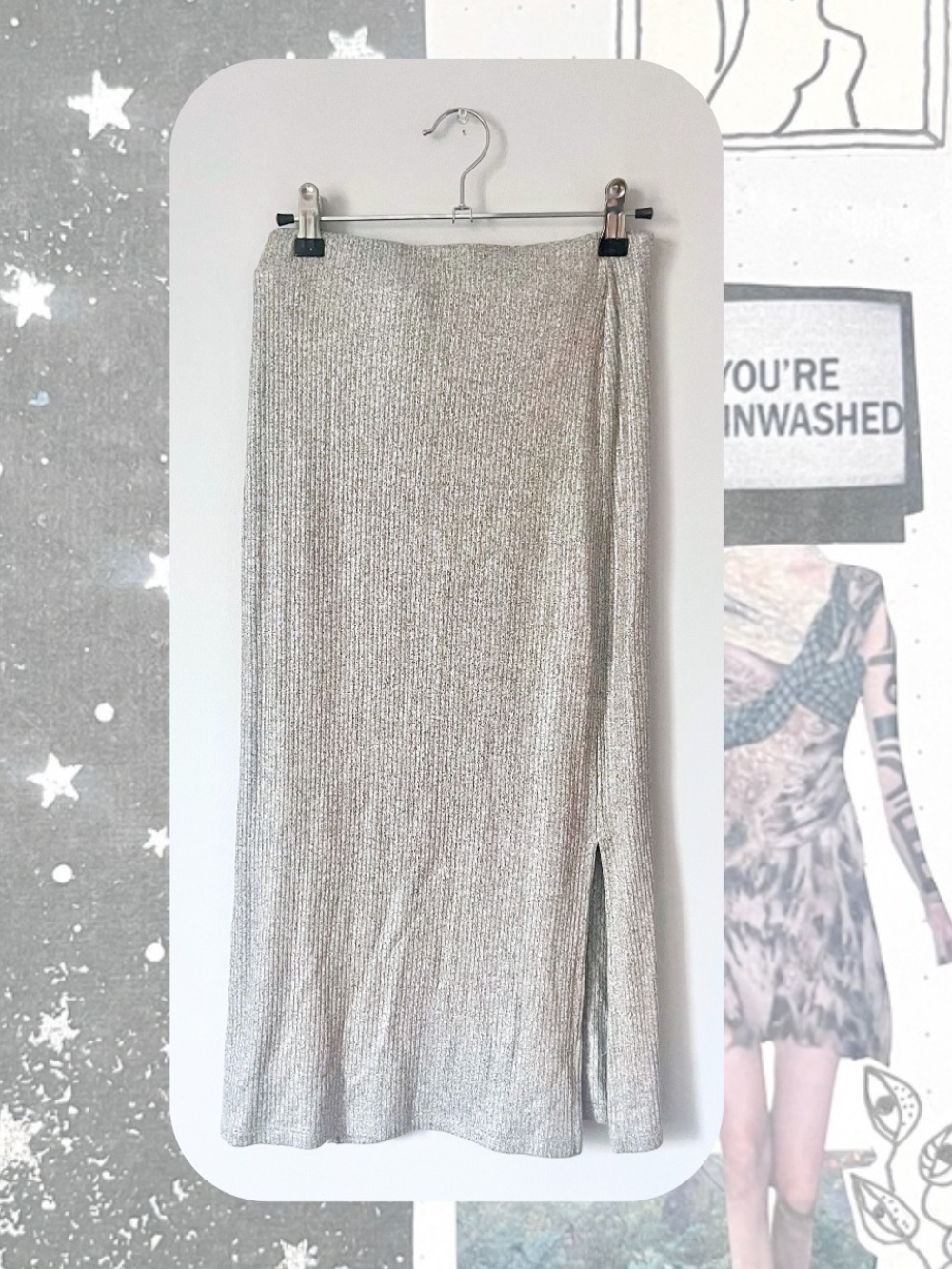 Francesca’s Ribbed Knit Silver Midi Skirt with Side Slit